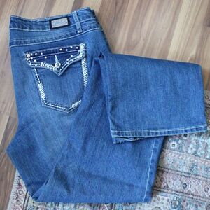 Earl Jean Women's Blue Wash Rhinestone Studded Pockets Boot Cut Jeans Size 14